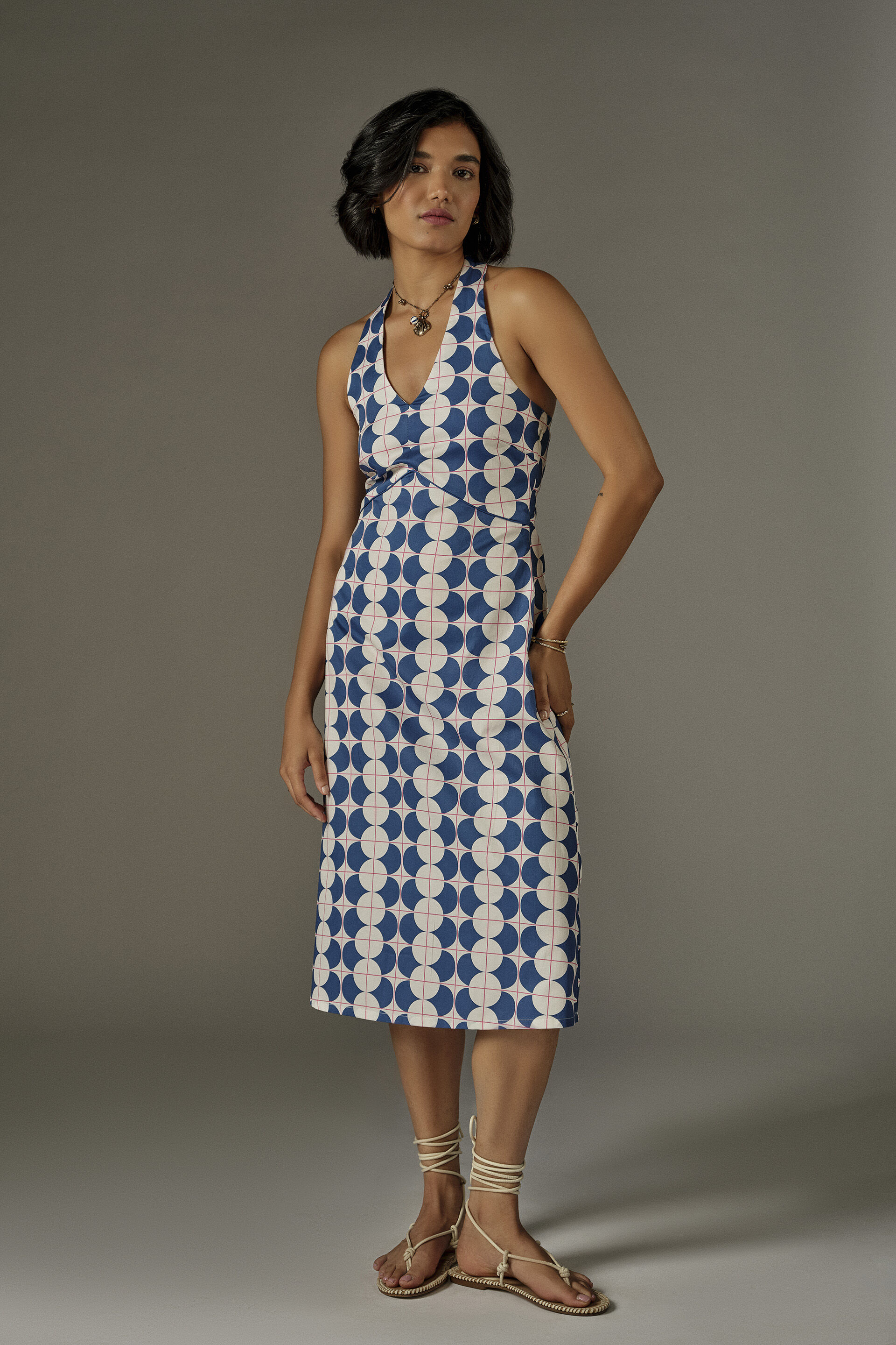 Geometric Print Halter Cotton Dress in Blue